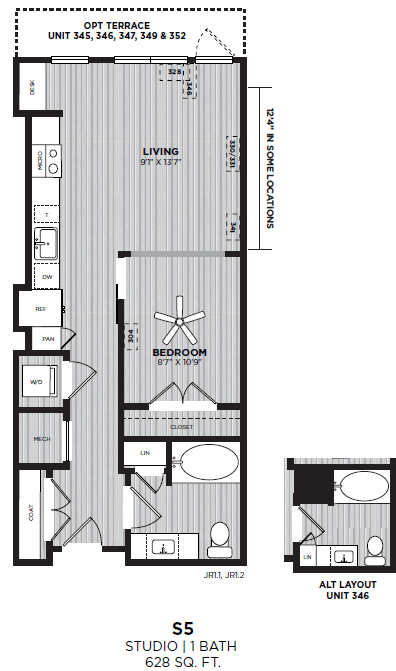 Floor plan for studio, 1 bath, 628 sqft